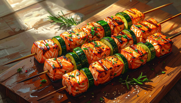 Brochetas de salm&oacute;n y verduras a la parrilla