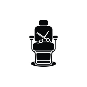 A black and white icon of a barber chair with scissors and a comb