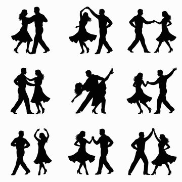 Set of salsa dancing couple silhouettes in dynamic poses, Latin dance partners collection, black isolated icons for party, romance, performance and movement design