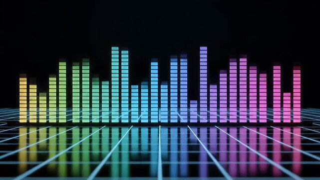 Digital equalizer bars bouncing with colorful lights and reflections
