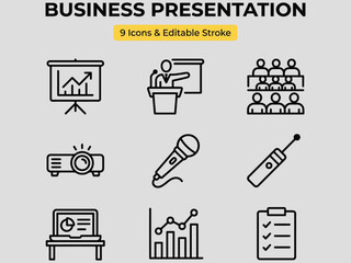 Fototapeta premium Business presentation icons set with editable stroke including projector screen graph and people business communication symbols