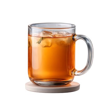 Refreshing Glass of Iced Tea with Ice Cubes and Mint Leaves on Wooden Coaster