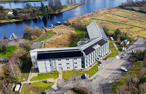 Drone view of Waterways Ireland Headquarters, RSPB Lower Lough Erne Reserves Enniskillen Town Fermanagh N Ireland 03-12-2025