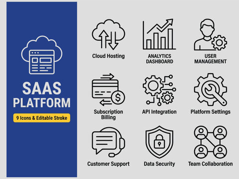 SaaS platform icons set with cloud hosting analytics dashboard user management and more services for software applications  business solutions