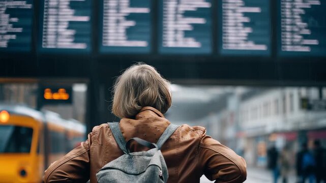 Passenger awaits train schedule in the rain at busy station, looking up at timetable with anticipation while surrounded by commuters