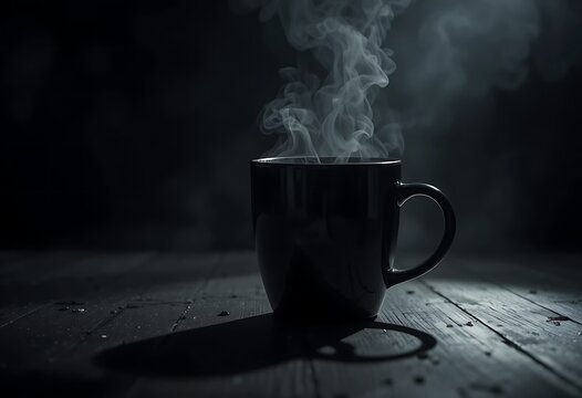 Hot steam rises from a dark ceramic mug placed on a wooden surface in a moody environment. kaffeebecher
