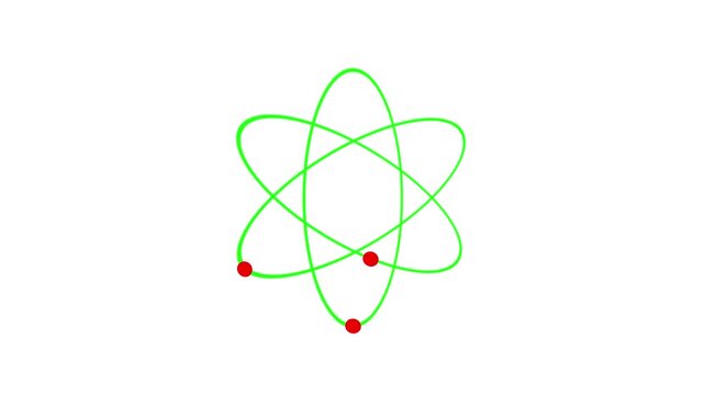 Animated atom model with rotating electrons, scientific physics concept, minimalist green orbital rings on white background, for educational science projects