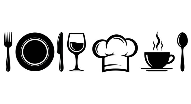 Restaurant Icons: Plate, Wine Glass, Chef Hat, Coffee Cup, Cutlery