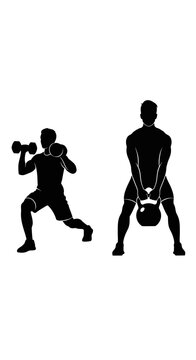 Silhouette of man doing dumbbell lunges and kettlebell swing workout