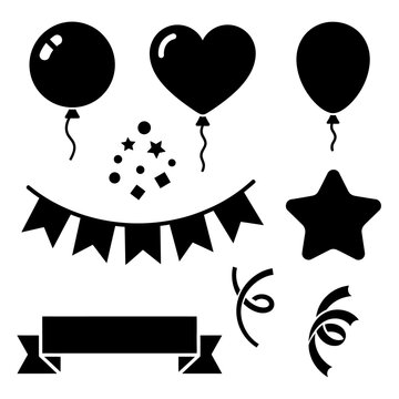 Party Icons Set: Balloons, Bunting, Confetti, Star, Ribbon, Swirls - Black Silhouette