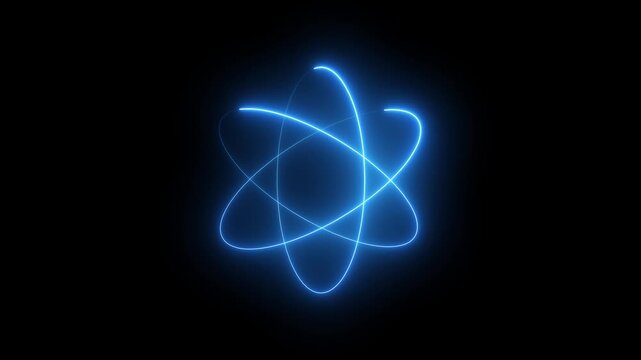 Glowing blue neon atom model rotating on black background, scientific research and quantum physics concept animation
