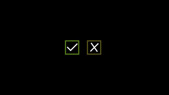 Minimalist checkmark and cross set, animated selection boxes for ui ux digital choice and decision making concept on black background