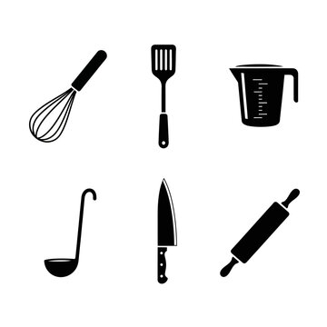 Black Silhouette Kitchen Utensils Collection: Whisk, Spatula, Measuring Cup, Ladle, Knife, Rolling Pin