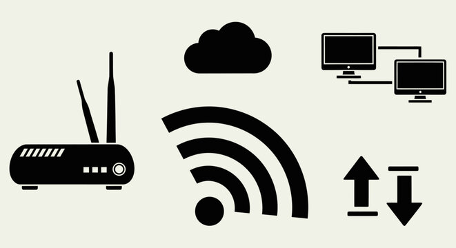 Wireless Router and Network Connection Icons: Cloud, Wi-Fi, Data Transfer, Computers