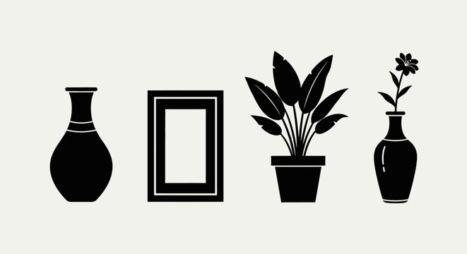 Minimalist Black Silhouettes of Home Decor: Vases, Picture Frame, and Potted Plant