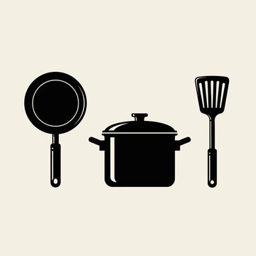 Kitchen Utensils: Frying Pan, Pot, and Spatula - Silhouette Icon Set