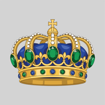 A gold crown adorned with blue and green jewels