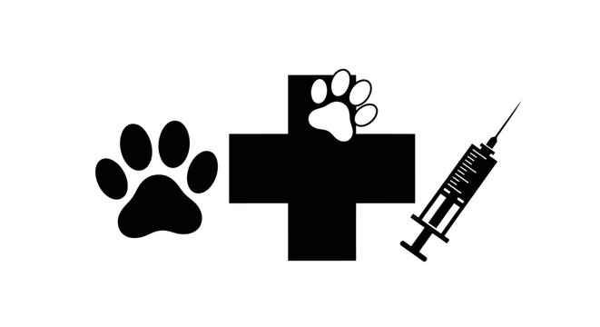 Veterinary symbol: paw print, cross and syringe, representing animal care and medicine
