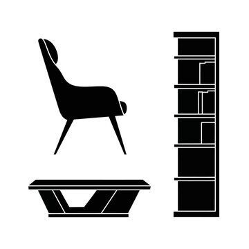Modern Furniture Silhouette: Chair, Coffee Table, and Bookshelf