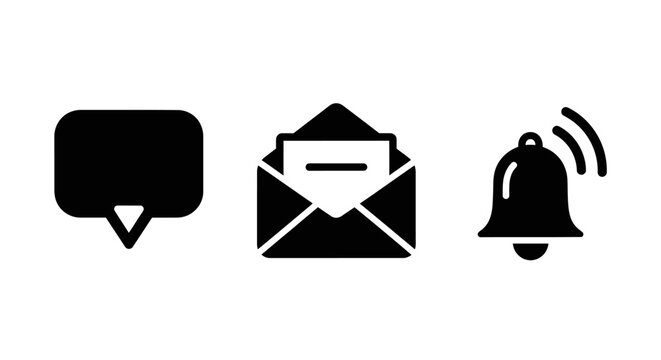 Communication Icons: Speech Bubble, Email Envelope, Notification Bell - Isolated Black Graphics
