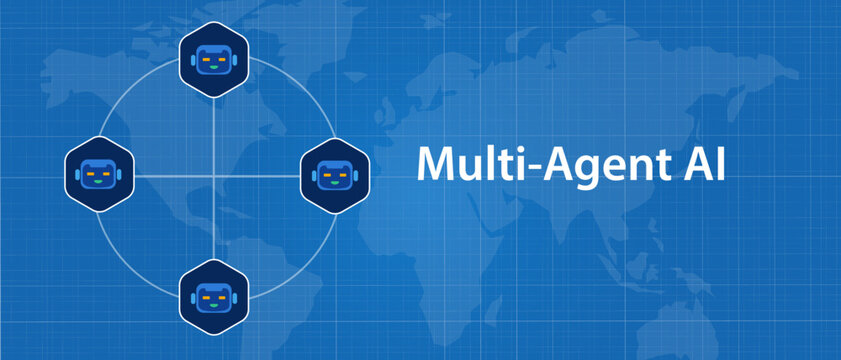 multi agent artificial intelligence AI system network with robot icons connected in a circular grid over a blue world map background representing global automated coordination distributed computing