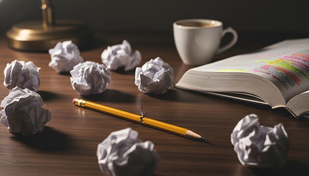 Messy desk with crumpled paper balls and a stitched pencil representing exam stress and graduation preparation concept for students facing academic pressure during finals