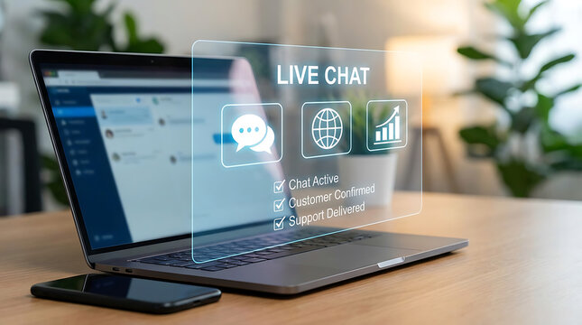 Laptop with live chat interface on screen beside smartphone on wooden desk in modern home office with blurred plants and lamp