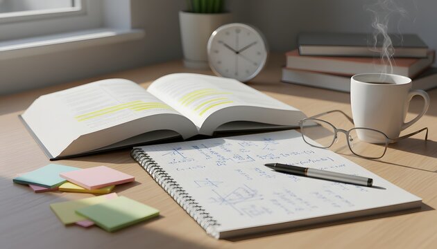 Organized desk with open textbook and coffee for a last minute revision before graduation final exams, illustrating a focused academic preparation concept in daylight