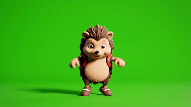 Cheerful 3D Cartoon Hedgehog with Backpack on Green Screen