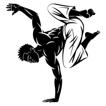 Dynamic high-contrast vector illustration of a male dancer performing a handstand. Powerful silhouette of an athlete in an acrobatic pose, suitable for capoeira, hip hop, or fitness branding.