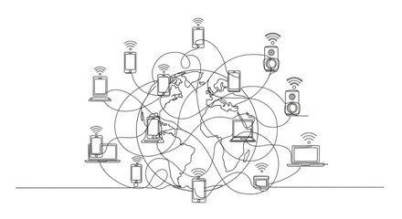 Fototapeta premium Continuous Line Art Wireless Signals Connecting Devices Global Network Communication Minimal Illustration