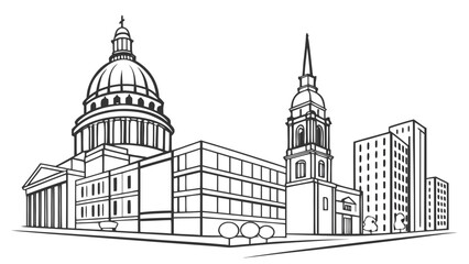 Black-and-white line drawing of iconic city buildings with domes and spires. © Gullu