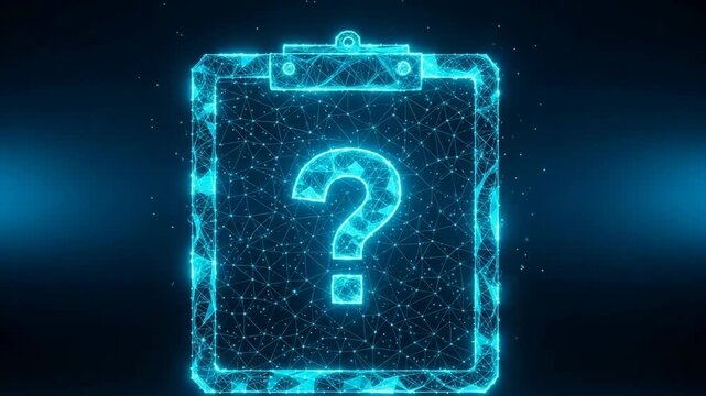 Glowing Digital Clipboard With Question Mark In Dark Blue Space Uncertainty Query Often Used For Technology Data Concept Illustration