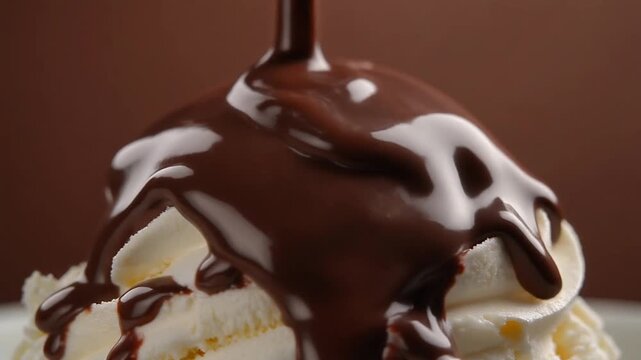 Decadent chocolate syrup being poured generously over a creamy, fluffy dessert, creating a luscious and tempting treat that promises pure indulgence with every spoonful