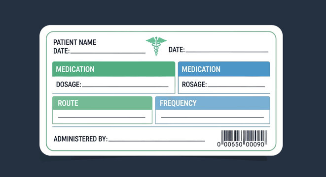 A close-up view of a medical label with green and blue text boxes on a white background.