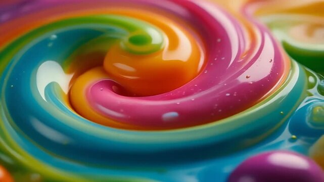 A vibrant swirl of rainbow colors in a creamy texture, resembling a sweet and appetizing dessert or candy creation with a glossy finish