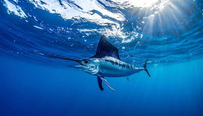 Fototapeta premium A blue marlin swims underwater ocean.