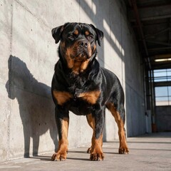 Obraz premium A powerful black and tan Rottweiler dog stands confidently against a concrete wall with dramatic shadows cast by the bright afternoon sun.