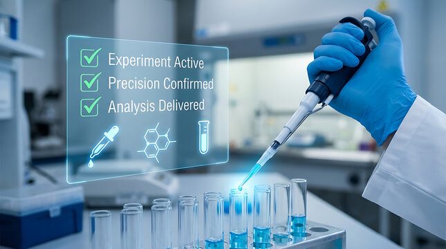 Scientist in lab coat and blue gloves using pipette with glowing blue liquid adding to test tubes laboratory background with checklist overlay