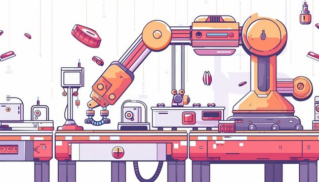 A cute cartoon Style ofA high-tech manufacturing process controlled by AI
