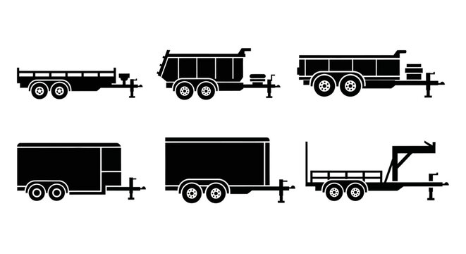 Collection of Trailer Icons Black Silhouettes on White Background