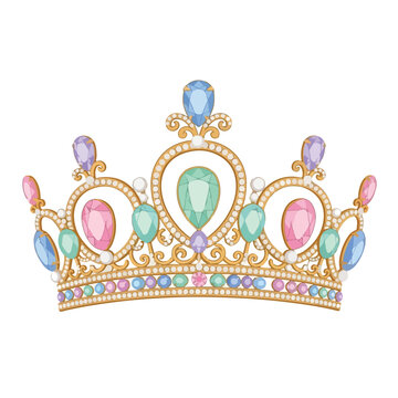 A golden tiara adorned with colorful gems