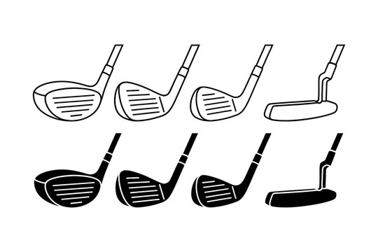 Golf club outline icon set. Golf stick with driver, wedge, iron, putter solid element collection. Golf equipment, gear, sports, recreation. Vector illustration