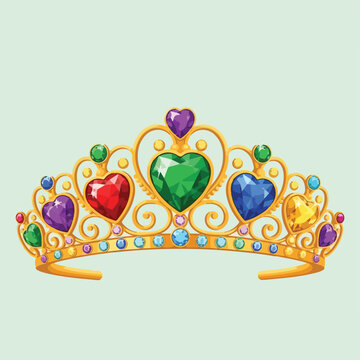 A golden tiara adorned with colorful heart-shaped gems