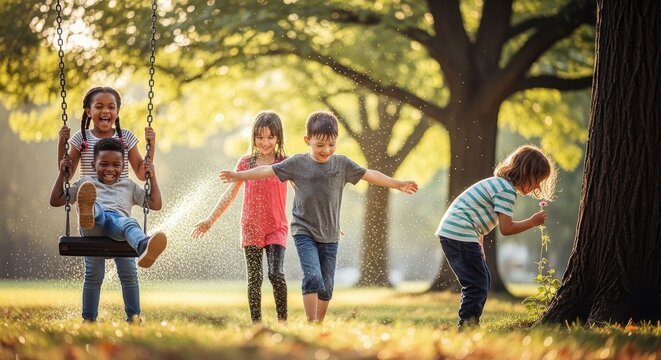 Children play on swings and run around in a sunny park with trees