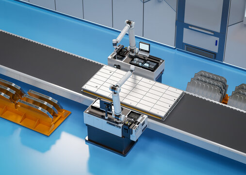 3d rendering robotic arms manufacture electric car battery