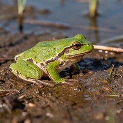 Obraz premium A small green tree frog with black stripes sits on damp muddy soil near water in a natural wetland environment during daylight.