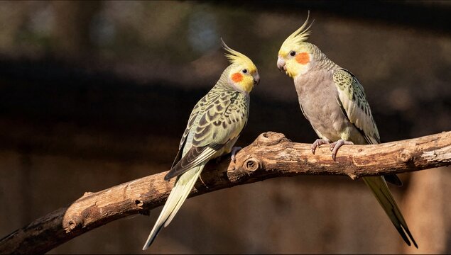 Two colorful cockatiels with distinctive yellow crests and orange cheek patches sit closely together on a textured wooden tree branch.