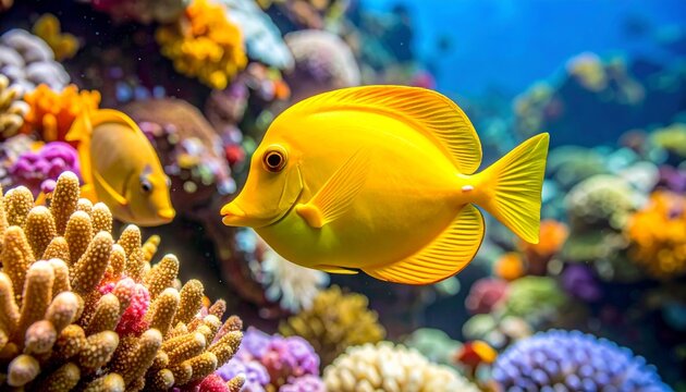 Vibrant yellow fish swimming near coral reef.