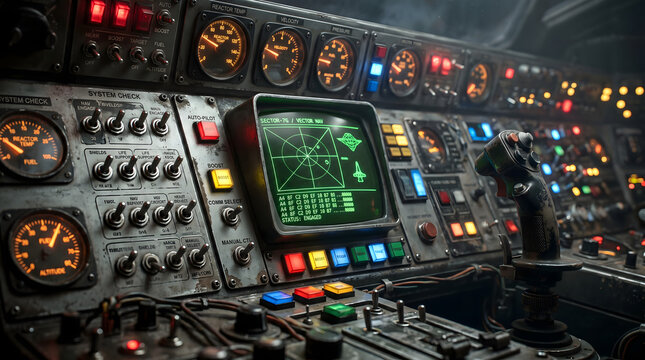Cockpit control panel with illuminated buttons and screens displaying navigation data
